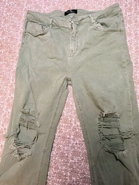 Risen Jeans Women’s Boyfriend Jeans in Sage Green - Distressed Knee Detail